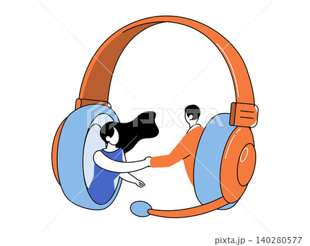 People shaking hands through a headset vector illustration. Customer support, remote partnership, online agreement, telemarketing, digital communication, help. Man and woman greeting via earphones People shaking hands through a headset vector illustration. Customer support, remote partnership, online agreement, telemarketing, digital communication, help. Man and woman greeting via earphones 140280577
