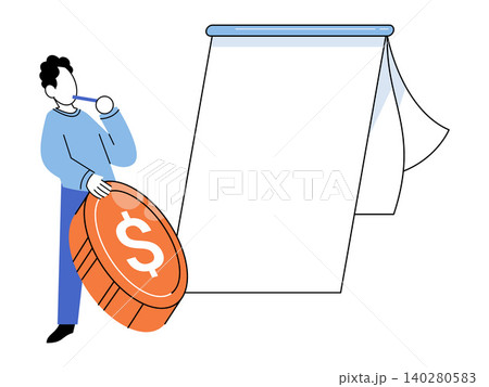 Man holding a large dollar coin next to a blank flipchart vector illustration. Budgeting, investment, strategy, presentation, funding, growth. Male character with currency by empty paper 140280583