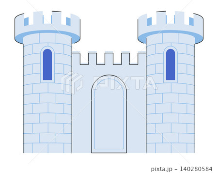 Blue medieval castle with two towers and arched gate vector illustration. Security, history, fantasy gaming, protection, strength, architecture. Ancient stone fortress with battlements and turrets Blue medieval castle with two towers and arched gate vector illustration. Security, history, fantasy gaming, protection, strength, architecture. Ancient stone fortress with battlements and turrets 140280584
