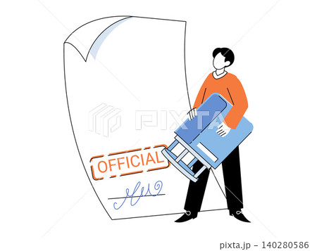 Man stamping a paper document vector illustration. Legal certification, document validation, official agreement, bureaucracy, workflow, authority. Clerk pressing a seal onto a contract 140280586