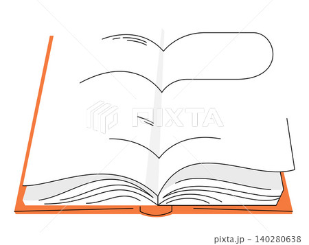 Open book with flipping pages vector illustration. Education, literature, academic study, library services, storytelling, knowledge sharing. Textbook with moving sheets and orange cover 140280638