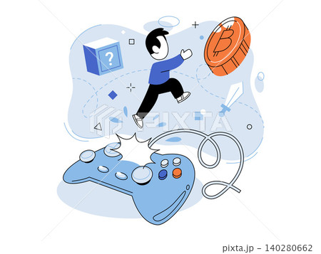 Character jumping from gamepad to bitcoin vector illustration. Play to earn, crypto gaming, blockchain, digital assets, metaverse, online economy. Gamer leaping to cryptocurrency token Character jumping from gamepad to bitcoin vector illustration. Play to earn, crypto gaming, blockchain, digital assets, metaverse, online economy. Gamer leaping to cryptocurrency token 140280662