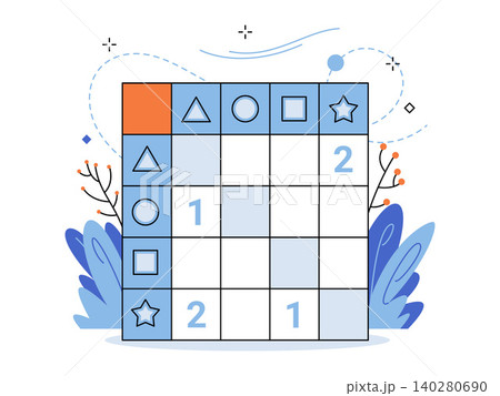 Logic puzzle grid with geometric shapes and numbers vector illustration. Data analysis, cognitive training, education, strategy, problem solving, math logic. Matrix table with symbols 140280690