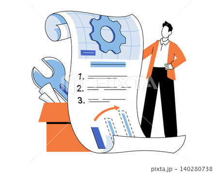 Man standing by a large technical document with gear and chart vector illustration. Project management, technical support, business planning, workflow, engineering, strategy. Person by a giant Man standing by a large technical document with gear and chart vector illustration. Project management, technical support, business planning, workflow, engineering, strategy. Person by a giant 140280738
