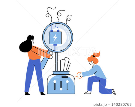 Women inspecting a power source vector illustration. Technical repair, energy maintenance, troubleshooting, engineering, quality control, system diagnostics. Engineers examining a battery 140280765