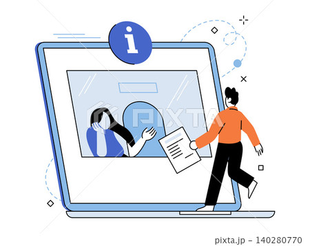 Man with paper at virtual help desk on laptop vector illustration. Customer support, digital helpdesk, online registration, remote assistance, virtual office, government. Person near screen Man with paper at virtual help desk on laptop vector illustration. Customer support, digital helpdesk, online registration, remote assistance, virtual office, government. Person near screen 140280770