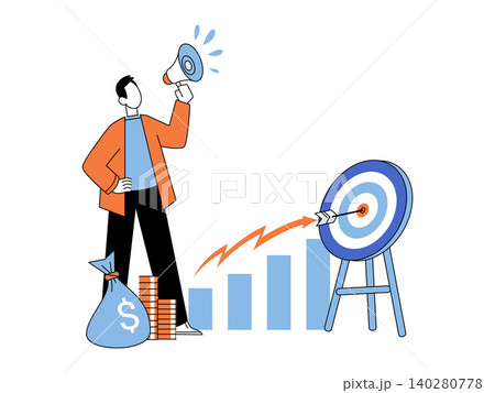 Man with megaphone near money bag and target vector illustration. Marketing, growth, goals, investment, sales, achievement. Male using loudspeaker near wealth and business objective 140280778