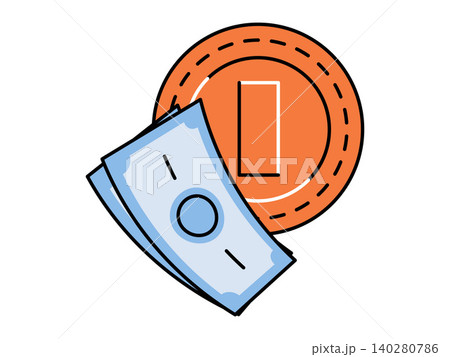 Gold coin and blue banknotes vector illustration. Financial savings, banking services, online payment, economy growth, budget planning, wealth management. Currency cash and metallic change Gold coin and blue banknotes vector illustration. Financial savings, banking services, online payment, economy growth, budget planning, wealth management. Currency cash and metallic change 140280786