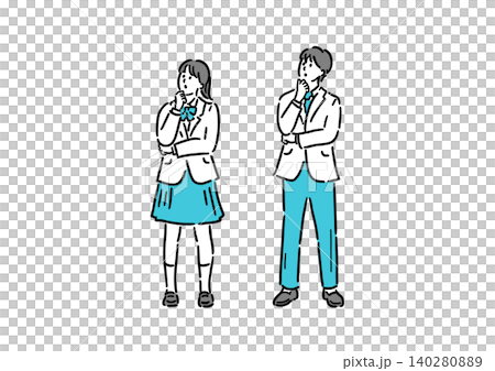 高中男生女生擺出思考的姿勢。 高中男生女生擺出思考的姿勢。 140280889