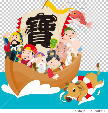 一幅沒有輪廓線的寶船插圖,船上載著七福神和十二生肖中的牛。 一幅沒有輪廓線的寶船插圖,船上載著七福神和十二生肖中的牛。 140280954