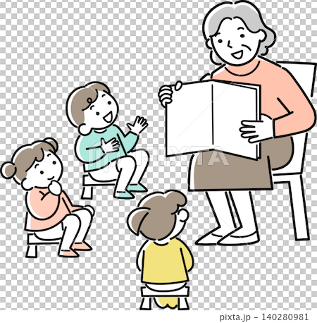 子供たちに読み聞かせをするシニア女性 140280981