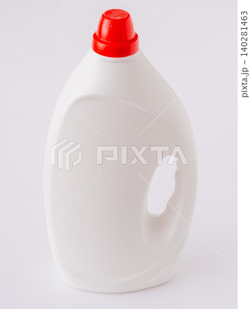 White Plastic Detergent Bottle with Red Cap, Empty Laundry Liquid Container Mockup on White Background 140281463