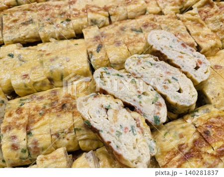 Gyeran-mari or rolled omelette in Korean cuisine is a savory banchan (side dish) made with beaten eggs mixed onion, carrot, Korean zucchini, scallions, and garlic chives. Similiar with tamagoyaki Gyeran-mari or rolled omelette in Korean cuisine is a savory banchan (side dish) made with beaten eggs mixed onion, carrot, Korean zucchini, scallions, and garlic chives. Similiar with tamagoyaki 140281837