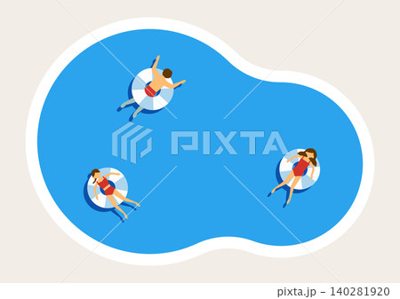 プールで浮き輪で浮かぶ3人のイラスト プールで浮き輪で浮かぶ3人のイラスト 140281920