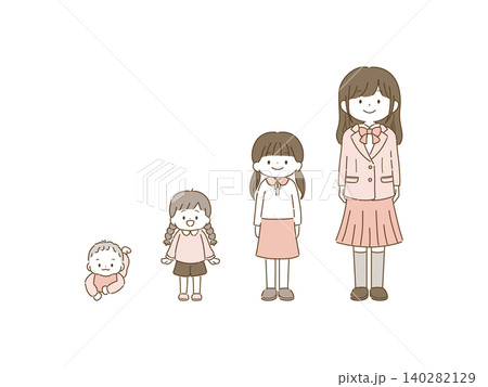 女の子の成長過程イラストセット(赤ちゃん~高校生) 女の子の成長過程イラストセット(赤ちゃん~高校生) 140282129