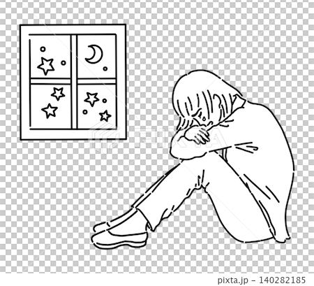 A black and white illustration of a career woman crying with her knees hugged to her chest. A black and white illustration of a career woman crying with her knees hugged to her chest. 140282185