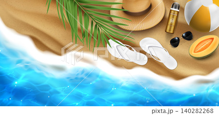 Sandy beach top view bg with sunscreen, sunglasses Sandy beach top view bg with sunscreen, sunglasses 140282268