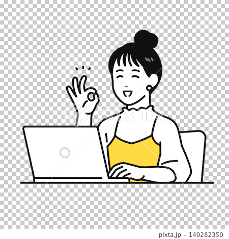 pcの前でokサインをするまとめ髪の若い女性 pcの前でokサインをするまとめ髪の若い女性 140282350