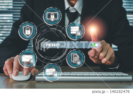 Illustration of data privacy compliance with digital security icons and a professional engaging with a virtual interface. 140282476