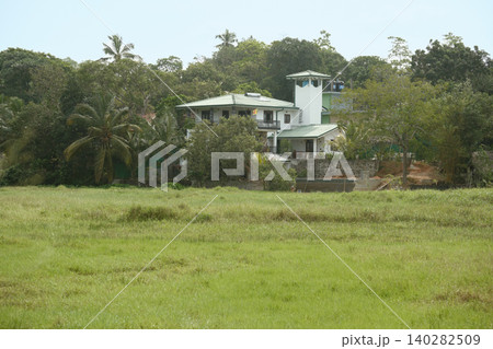 Serene countryside scene of farmhouse and lush green paddy fields in Sri Lanka Serene countryside scene of farmhouse and lush green paddy fields in Sri Lanka 140282509