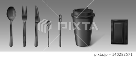 Realistic 3D plastic cup with disposable cutlery 140282571