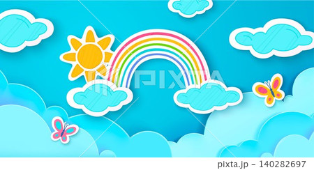Paper cut spring backdrop with clouds, rainbow sky Paper cut spring backdrop with clouds, rainbow sky 140282697