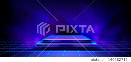 Glowing square stage with neon lights on dark 140282715
