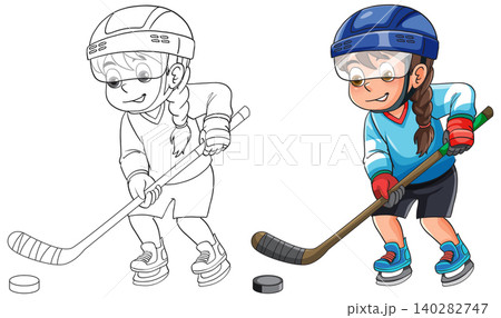 Cartoon Girl Playing Ice Hockey Vector Illustration and Coloring Page Cartoon Girl Playing Ice Hockey Vector Illustration and Coloring Page 140282747