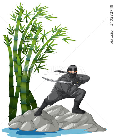Ninja Warrior Crouching on Rocks with Sword Near Bamboo Forest Ninja Warrior Crouching on Rocks with Sword Near Bamboo Forest 140282748