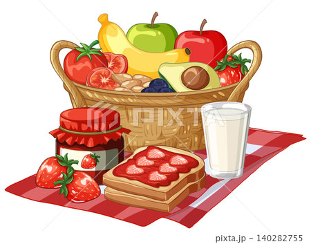 Healthy Breakfast Picnic Basket with Fresh Fruit and Strawberry Jam Toast Healthy Breakfast Picnic Basket with Fresh Fruit and Strawberry Jam Toast 140282755
