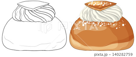 Swedish Semla Bun Vector Illustration in Color and Line Art 140282759