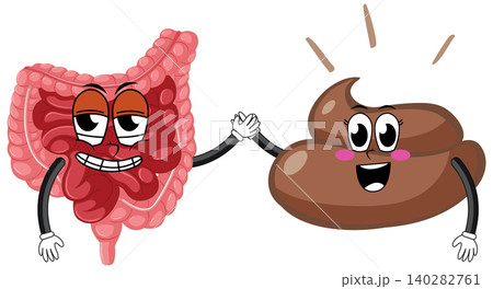 Cartoon Intestine and Poop Mascots High-Fiving Cartoon Intestine and Poop Mascots High-Fiving 140282761