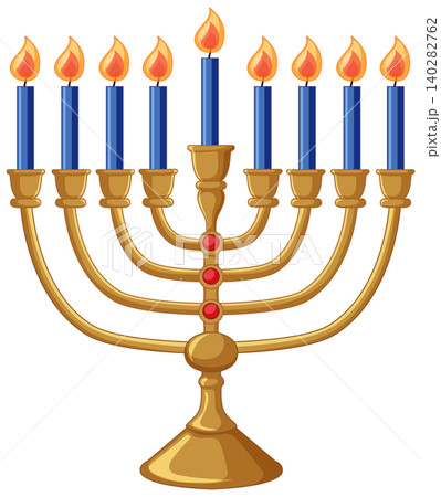 Golden Hanukkah Menorah with Nine Lit Blue Candles on White Background Golden Hanukkah Menorah with Nine Lit Blue Candles on White Background 140282762