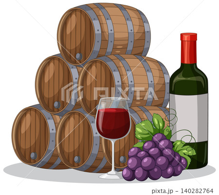 Vector Illustration of Wooden Wine Barrels with Bottle and Grapes Vector Illustration of Wooden Wine Barrels with Bottle and Grapes 140282764