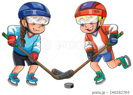 Cartoon Boy and Girl Ice Hockey Players Competing for the Puck Cartoon Boy and Girl Ice Hockey Players Competing for the Puck 140282765
