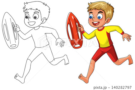 Cartoon Boy Lifeguard Running with Rescue Buoy in Color and Outline 140282797