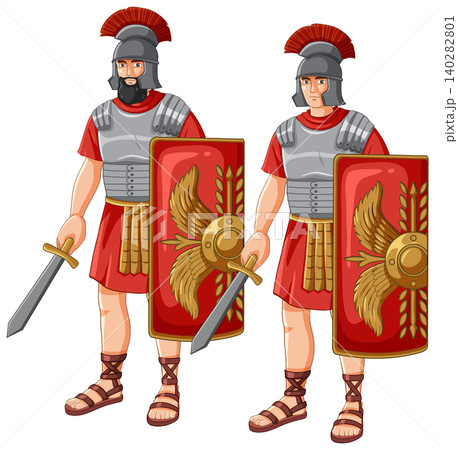 Two Roman Legionary Soldiers Standing with Swords and Shields Vector Illustration 140282801