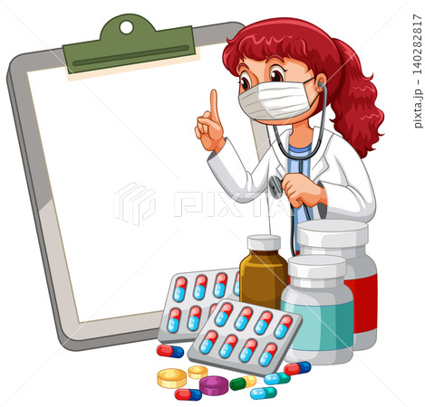 Female Doctor in Face Mask with Clipboard and Medicine Bottles 140282817