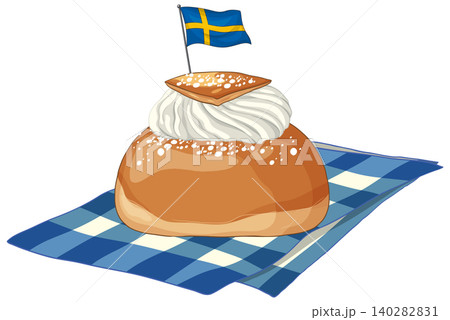 Traditional Swedish Semla Pastry with Whipped Cream and National Flag Traditional Swedish Semla Pastry with Whipped Cream and National Flag 140282831