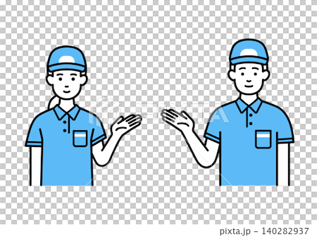 A male and female delivery person giving directions A male and female delivery person giving directions 140282937