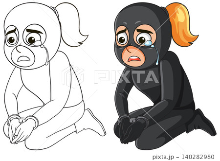 Sad Female Robber Kneeling and Crying in Masked Outfit 140282980