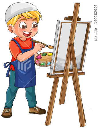 Young Muslim Boy Artist Painting on Canvas with Easel and Palette 140282995
