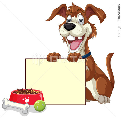 Happy Cartoon Dog Holding Blank Sign with Food Bowl and Bone Happy Cartoon Dog Holding Blank Sign with Food Bowl and Bone 140283003