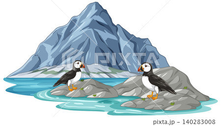 Two Atlantic Puffins Standing on Rocks Near a Large Mountain Two Atlantic Puffins Standing on Rocks Near a Large Mountain 140283008