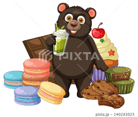 Cartoon Black Bear Holding a Green Smoothie Surrounded by Various Sweets Cartoon Black Bear Holding a Green Smoothie Surrounded by Various Sweets 140283025