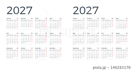 Yearly Calendar Template for 2027 with Monday and Sunday Start Yearly Calendar Template for 2027 with Monday and Sunday Start 140283176