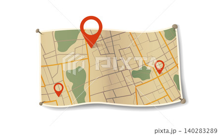 Abstract navigation plan of small urban area with pins. Generic city map. Simple scheme on paper with signs of streets, roads and parks. Vector illustration on white background Abstract navigation plan of small urban area with pins. Generic city map. Simple scheme on paper with signs of streets, roads and parks. Vector illustration on white background 140283289