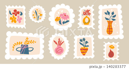 Cute vintage postage stamps on beige background 140283377