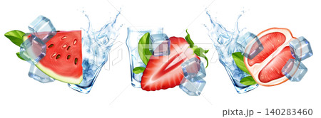Fresh fruit slices with ice cubes, water splash 140283460