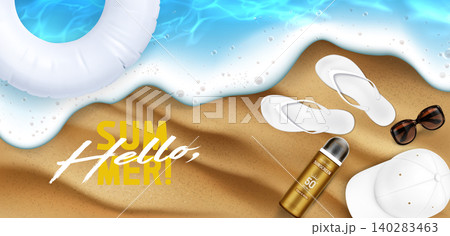 Sandy beach top view bg with sunscreen, sunglasses 140283463